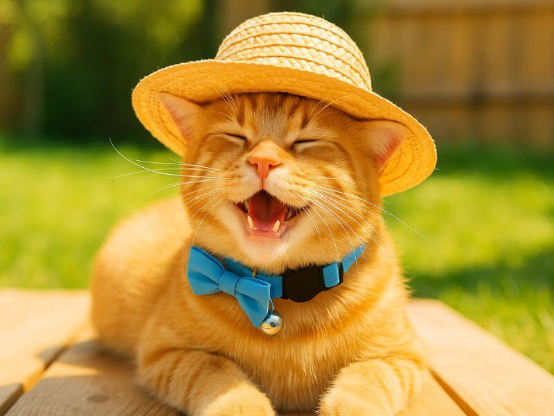 Chat roux souriant portant un chapeau de paille et un collier nœud papillon bleu avec grelot – accessoire estival parfait pour chats élégants.
